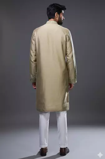 Beige embroidered, mirror silk kurta pant