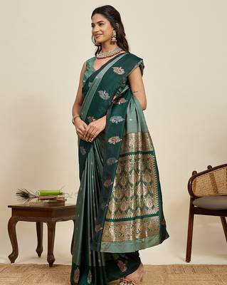 Green zari woven soft silk blend banarasi saree with blouse 2