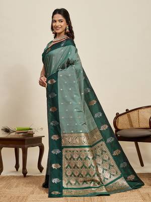 Green zari woven soft silk blend banarasi saree with blouse 3