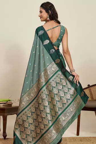 Green zari woven soft silk banarasi saree with blouse