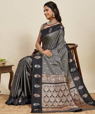 Grey zari woven soft silk blend banarasi saree with blouse 2