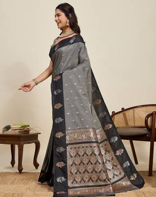 Grey zari woven soft silk blend banarasi saree with blouse 3
