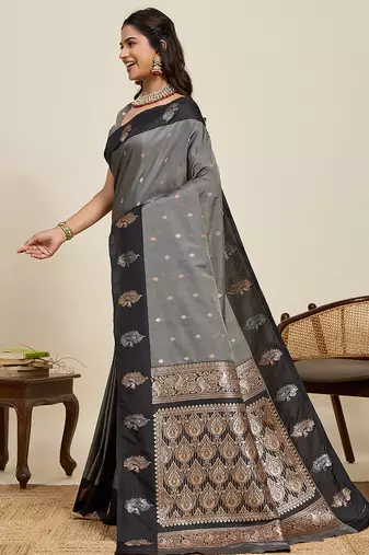 Grey zari woven soft silk banarasi saree with blouse