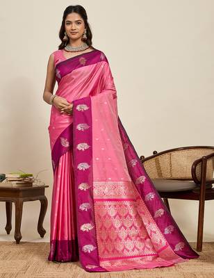 Pink zari woven soft silk blend banarasi saree with blouse 1