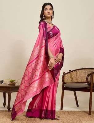 Pink zari woven soft silk blend banarasi saree with blouse 2