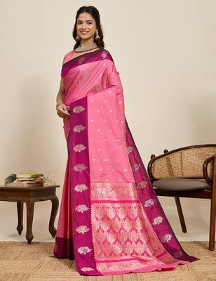Pink zari woven soft silk blend banarasi saree with blouse 3