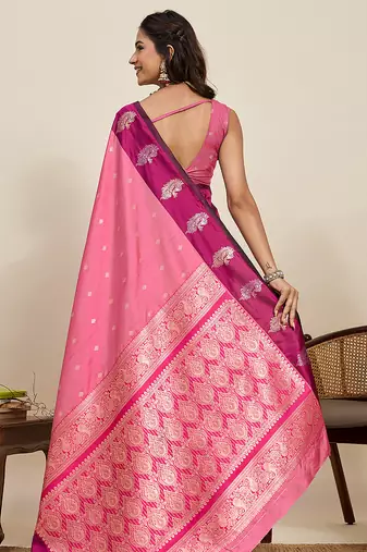 Pink zari woven soft silk banarasi saree with blouse
