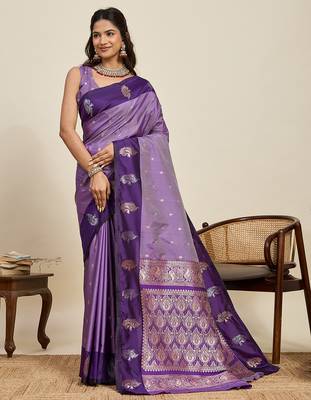 Purple zari woven soft silk blend banarasi saree with blouse 1