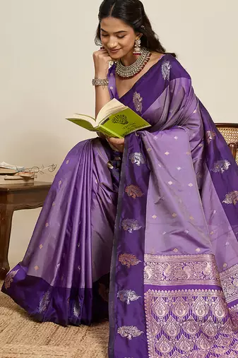 Purple zari woven soft silk banarasi saree with blouse