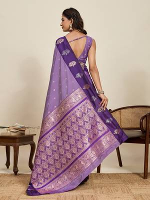 Purple zari woven soft silk blend banarasi saree with blouse 4