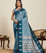 Teal blue zari woven soft silk banarasi saree with blouse