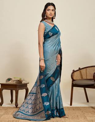 Teal blue zari woven soft silk blend banarasi saree with blouse 2