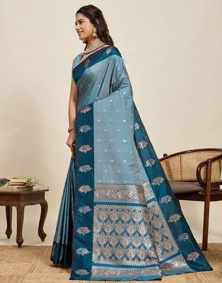 Teal blue zari woven soft silk blend banarasi saree with blouse 3