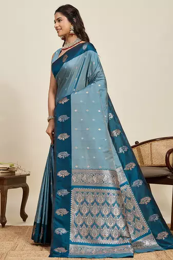 Teal blue zari woven soft silk banarasi saree with blouse