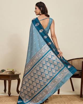 Teal blue zari woven soft silk blend banarasi saree with blouse 4