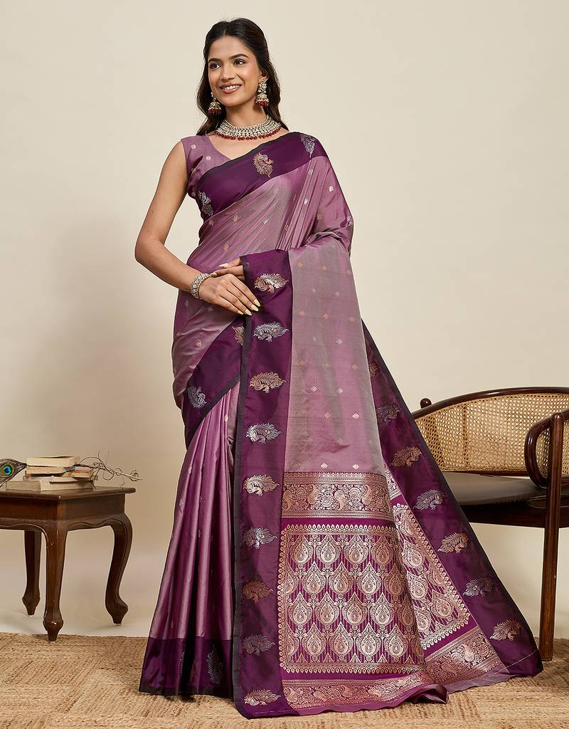 Wine zari woven soft silk banarasi saree with blouse