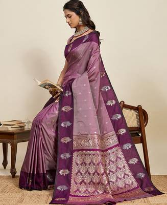 Wine zari woven soft silk blend banarasi saree with blouse 2
