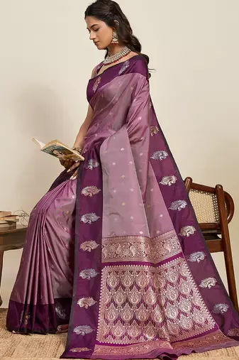Wine zari woven soft silk banarasi saree with blouse