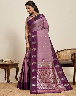 Wine zari woven soft silk blend banarasi saree with blouse 3