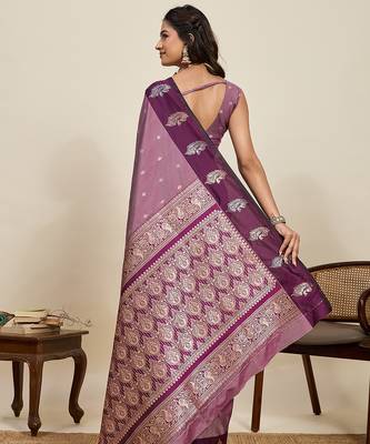 Wine zari woven soft silk blend banarasi saree with blouse 4