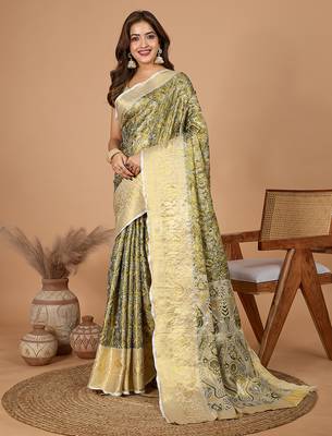 Mehendi woven embellished self design silk blend banarasi saree with blouse 1