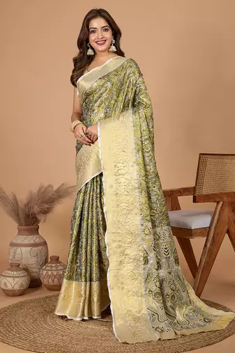 Mehendi woven embellished self design pure silk banarasi saree with blouse