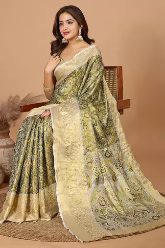 Mehendi woven embellished self design pure silk banarasi saree with blouse