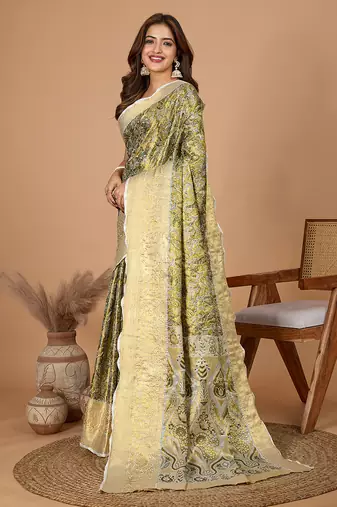 Mehendi woven embellished self design pure silk banarasi saree with blouse