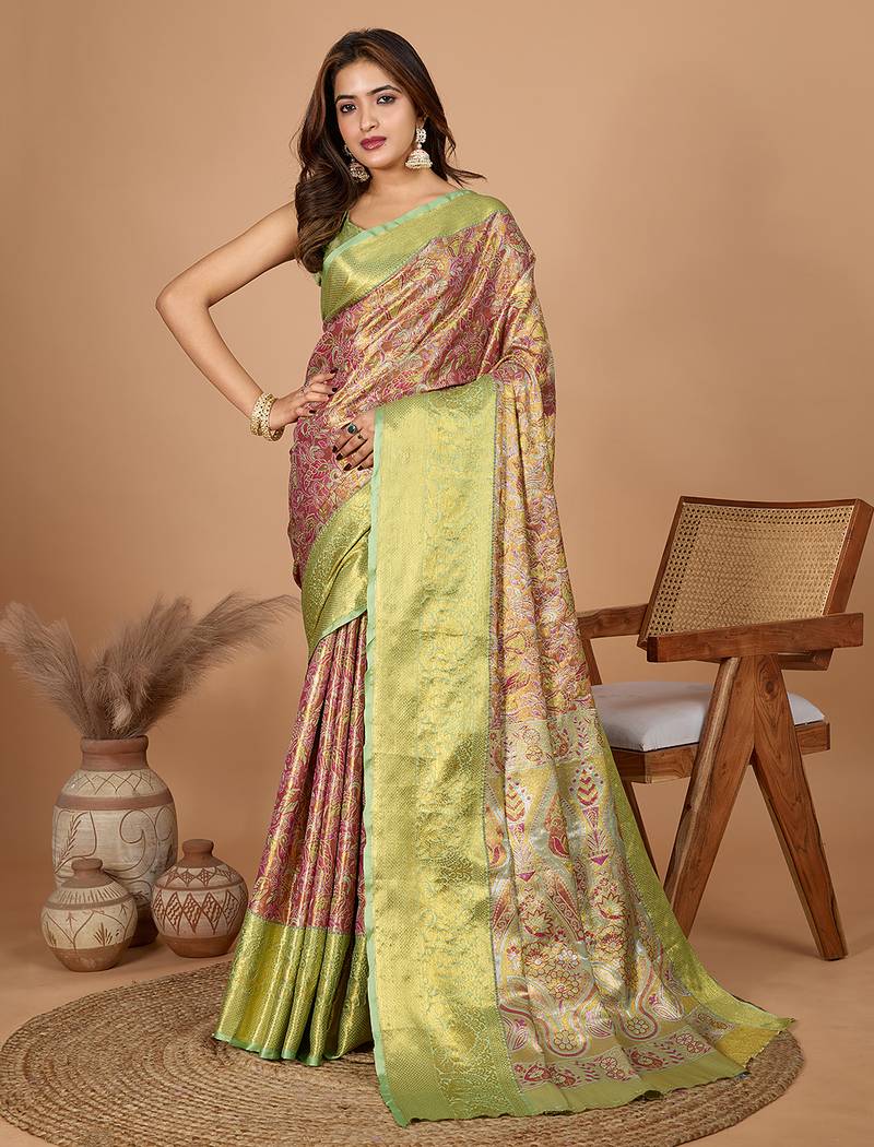 Pink woven embellished self design pure silk banarasi saree with blouse