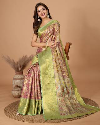 Pink woven embellished self design silk blend banarasi saree with blouse 2