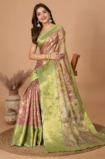 Pink woven embellished self design pure silk banarasi saree with blouse