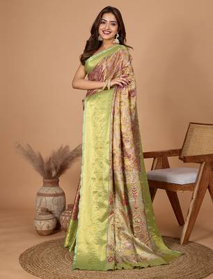 Pink woven embellished self design silk blend banarasi saree with blouse 3