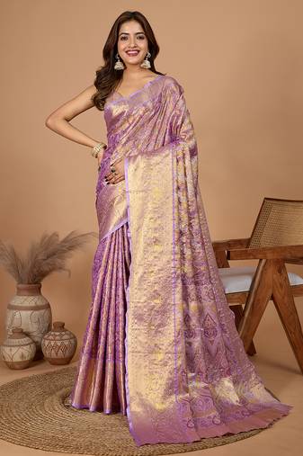 Purple woven embellished self design pure silk banarasi saree with blouse