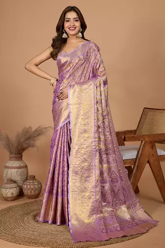 Purple woven embellished self design pure silk banarasi saree with blouse