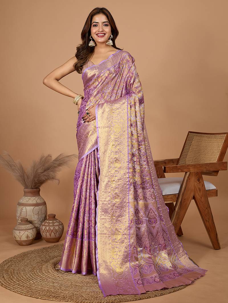 Purple woven embellished self design pure silk banarasi saree with blouse