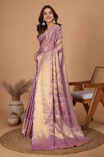 Purple woven embellished self design pure silk banarasi saree with blouse