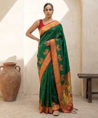Green woven zari buti & floral motifs work silk blend fabric traditional festive style 1