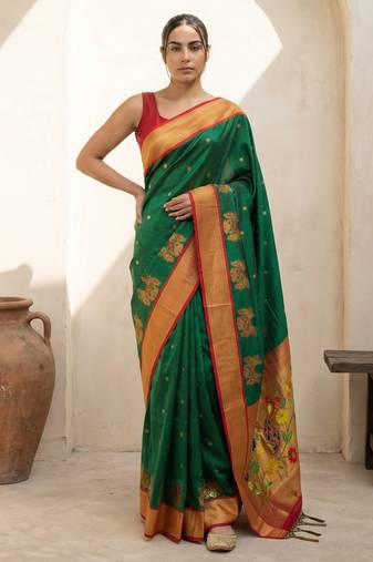 Green woven zari buti & floral motifs work silk blend fabric traditional festive style