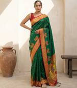Green woven zari buti & floral motifs work silk blend fabric traditional festive style