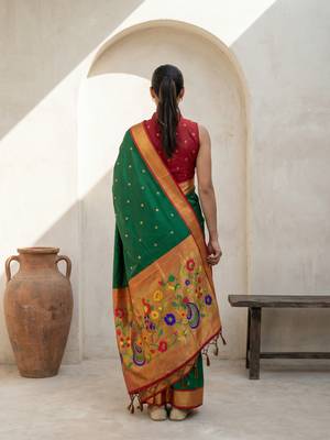 Green woven zari buti & floral motifs work silk blend fabric traditional festive style 2
