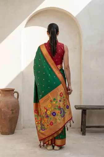 Green woven zari buti & floral motifs work silk blend fabric traditional festive style