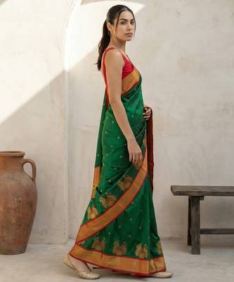 Green woven zari buti & floral motifs work silk blend fabric traditional festive style 3