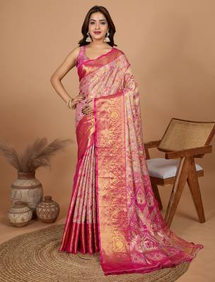 Rani pink woven embellished self design silk blend banarasi saree with blouse 1