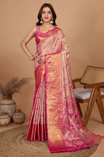 Rani pink woven embellished self design pure silk banarasi saree with blouse