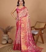 Rani pink woven embellished self design pure silk banarasi saree with blouse