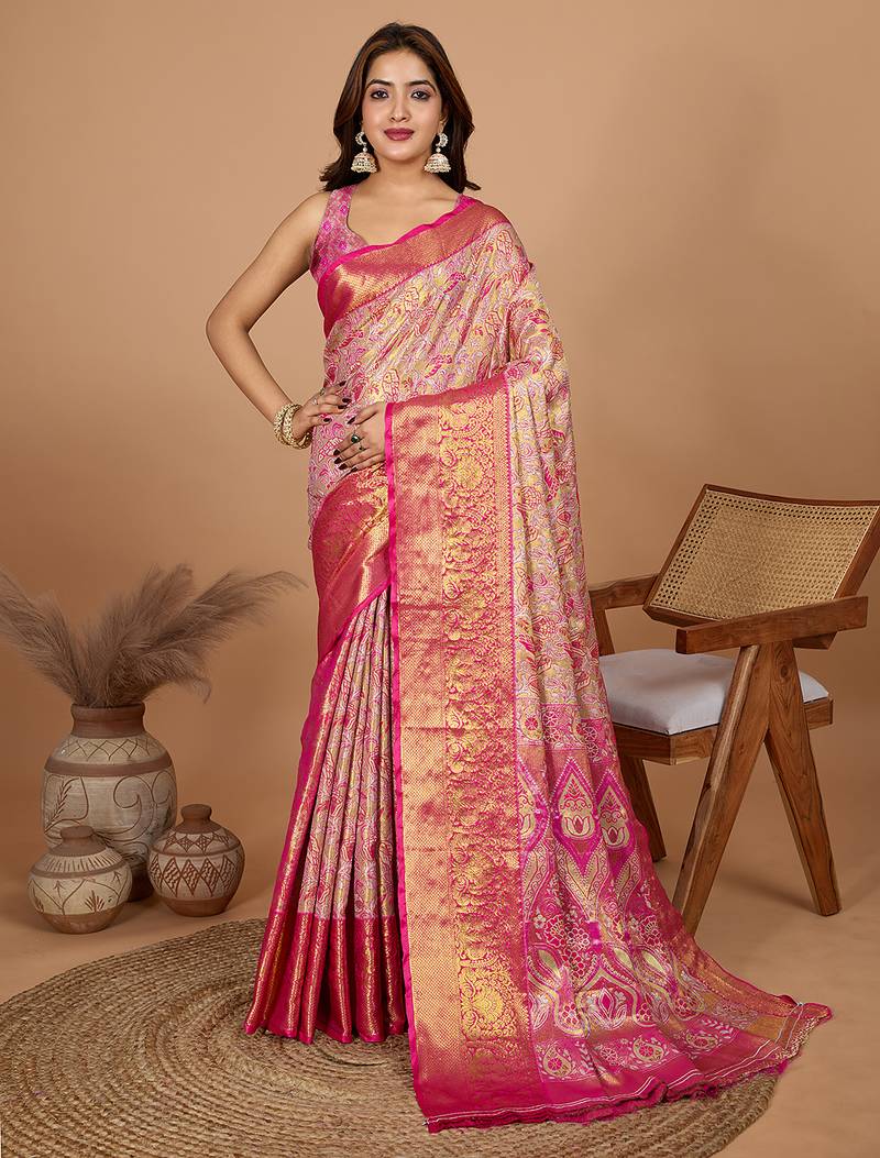 Rani pink woven embellished self design pure silk banarasi saree with blouse