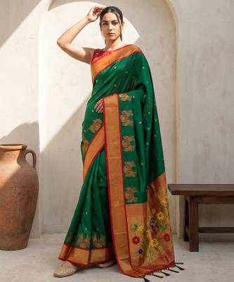 Green woven zari buti & floral motifs work silk blend fabric traditional festive style 4