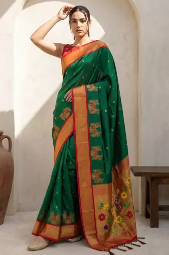 Green woven zari buti & floral motifs work silk blend fabric traditional festive style