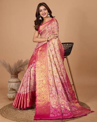 Rani pink woven embellished self design silk blend banarasi saree with blouse 2