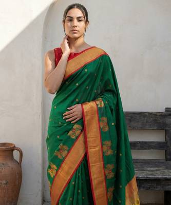 Green woven zari buti & floral motifs work silk blend fabric traditional festive style 5